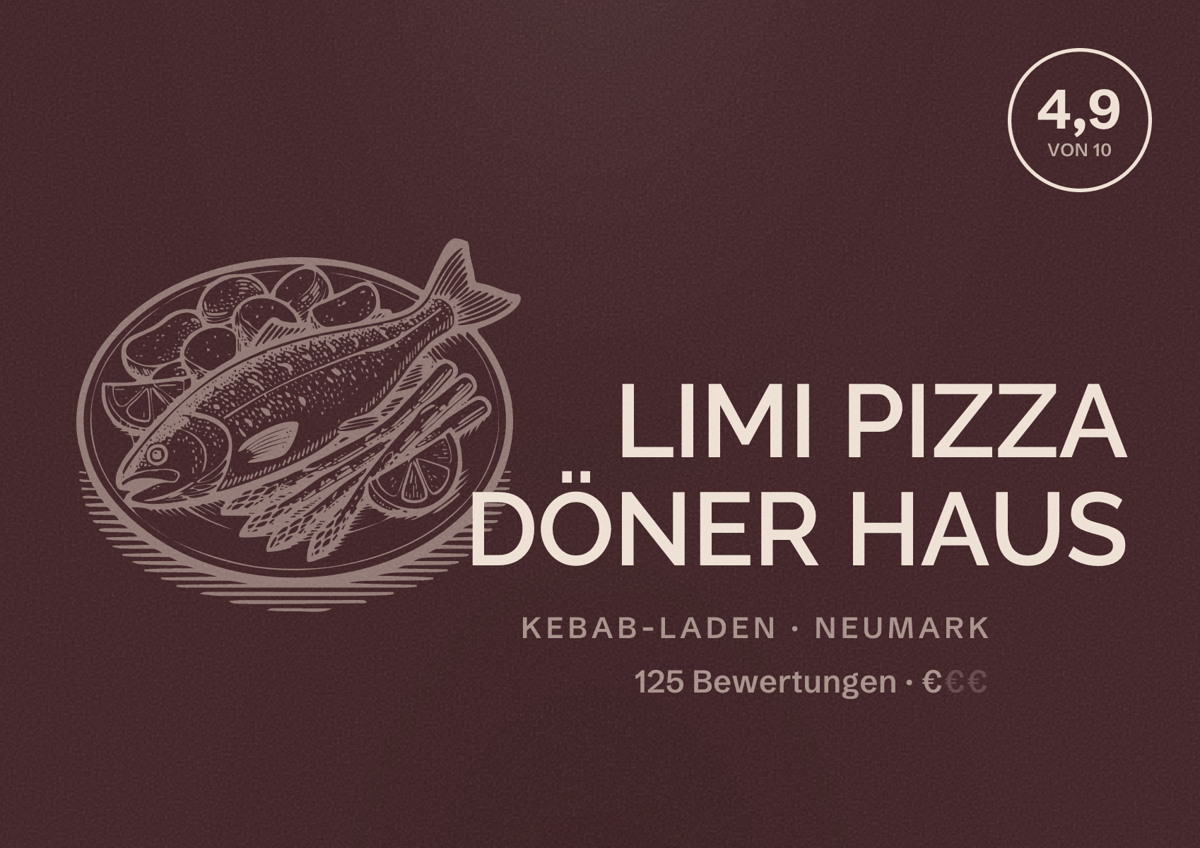 Illustriertes Poster von LIMI PIZZA DÖNER HAUS, Kebab-Laden in Neumark: Bewertung 4,9 von 10 aus 125 Bewertungen, Preisniveau €