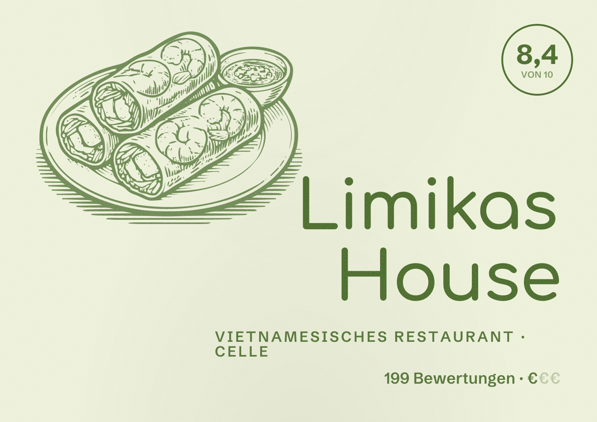 Illustriertes Poster von Limikas House, Vietnamesisches Restaurant in Celle: Bewertung 8,4 von 10 aus 199 Bewertungen, Preisniveau €