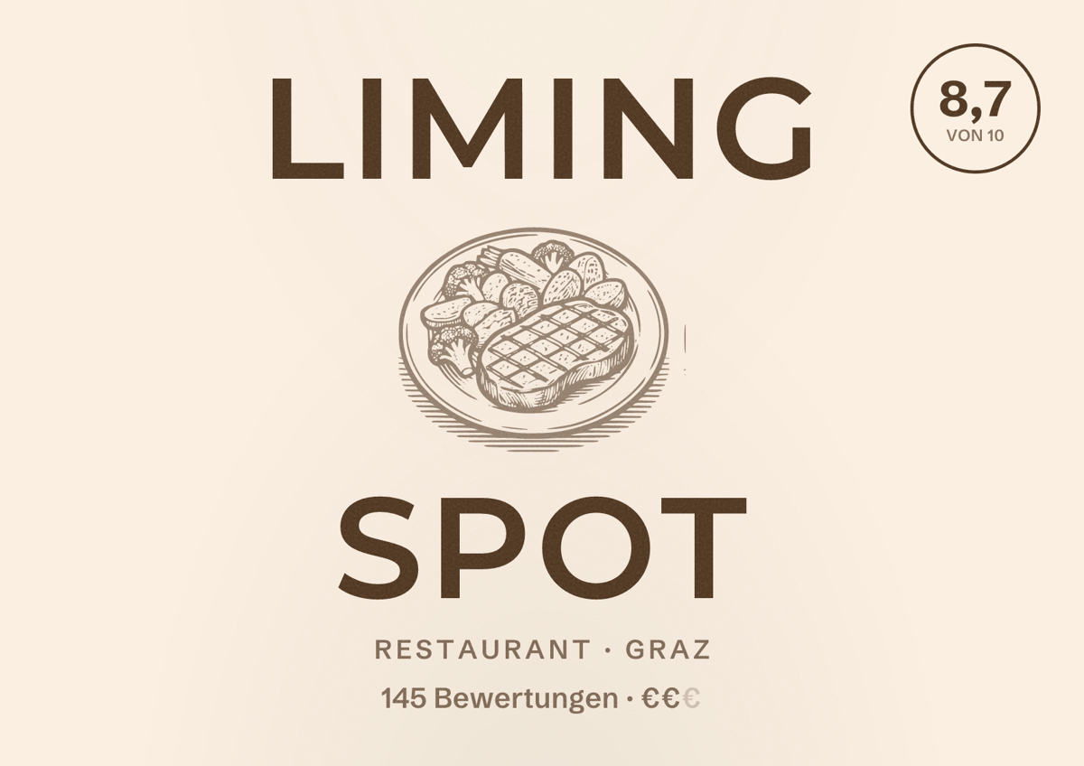 Illustriertes Poster von Liming Spot, Restaurant in Graz: Bewertung 8,7 von 10 aus 145 Bewertungen, Preisniveau €€
