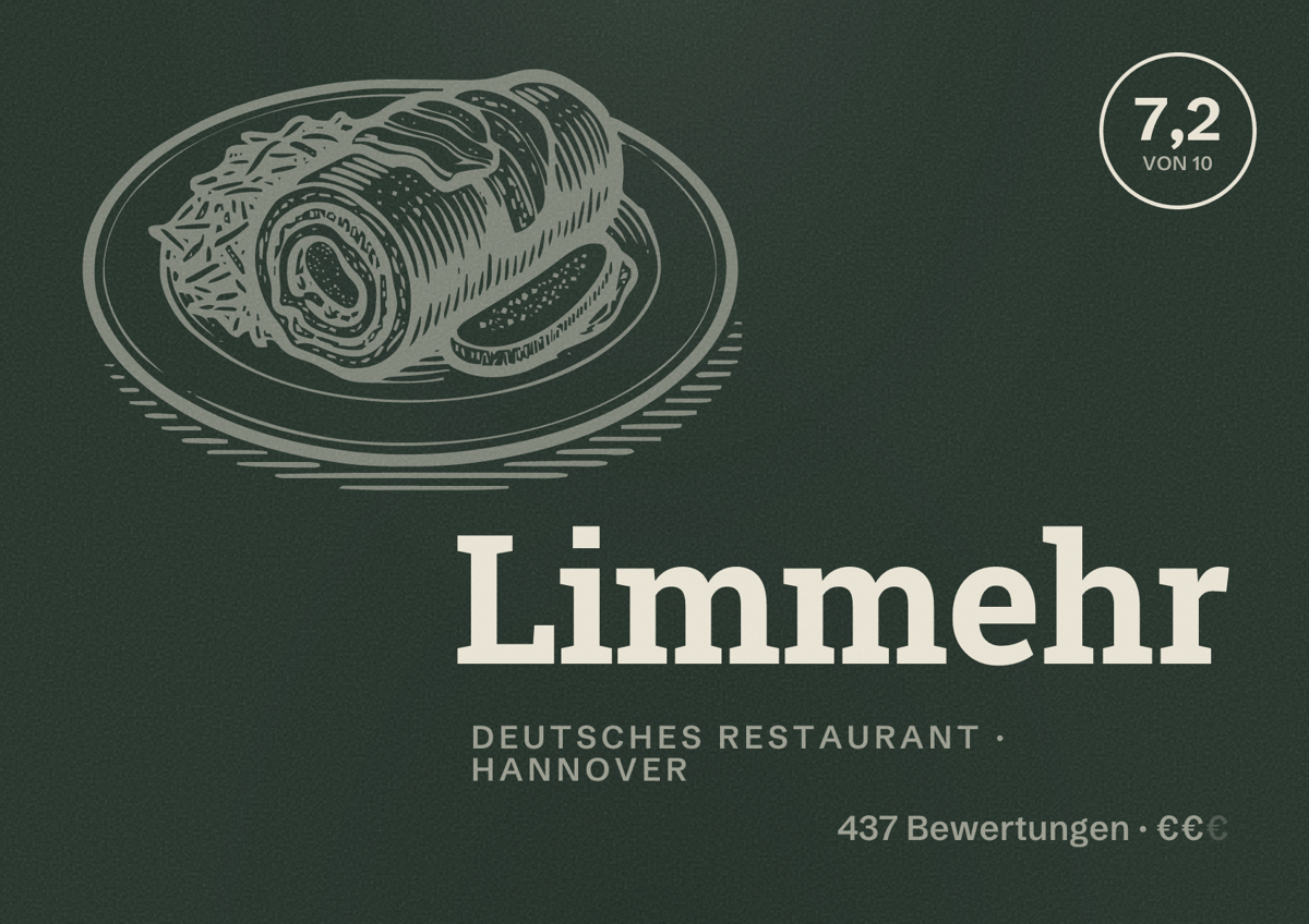 Illustriertes Poster von Limmehr, Deutsches Restaurant in Hannover: Bewertung 7,2 von 10 aus 437 Bewertungen, Preisniveau €€