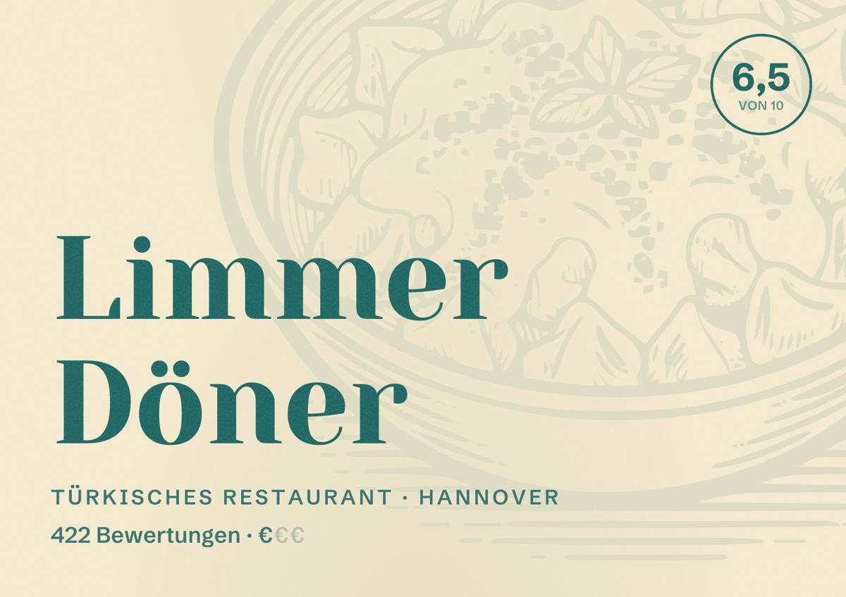 Illustriertes Poster von Limmer Döner, Türkisches Restaurant in Hannover: Bewertung 6,5 von 10 aus 422 Bewertungen, Preisniveau €