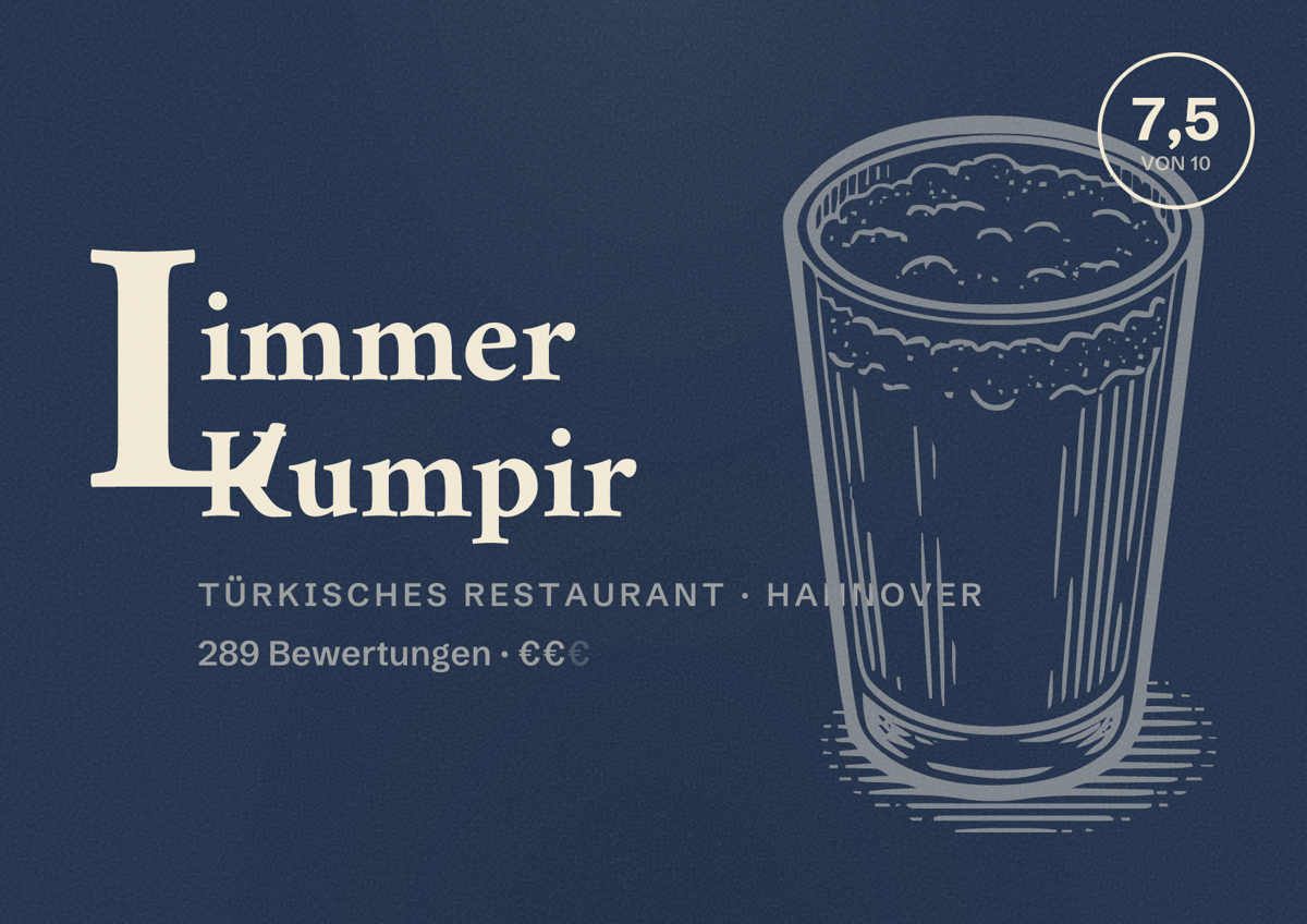 Illustriertes Poster von Limmer Kumpir, Türkisches Restaurant in Hannover: Bewertung 7,5 von 10 aus 289 Bewertungen, Preisniveau €€