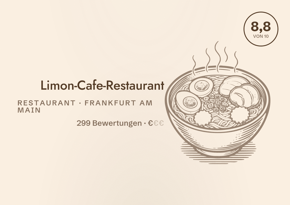 Illustriertes Poster von Limon-Cafe-Restaurant, Restaurant in Frankfurt am Main: Bewertung 8,8 von 10 aus 299 Bewertungen, Preisniveau €