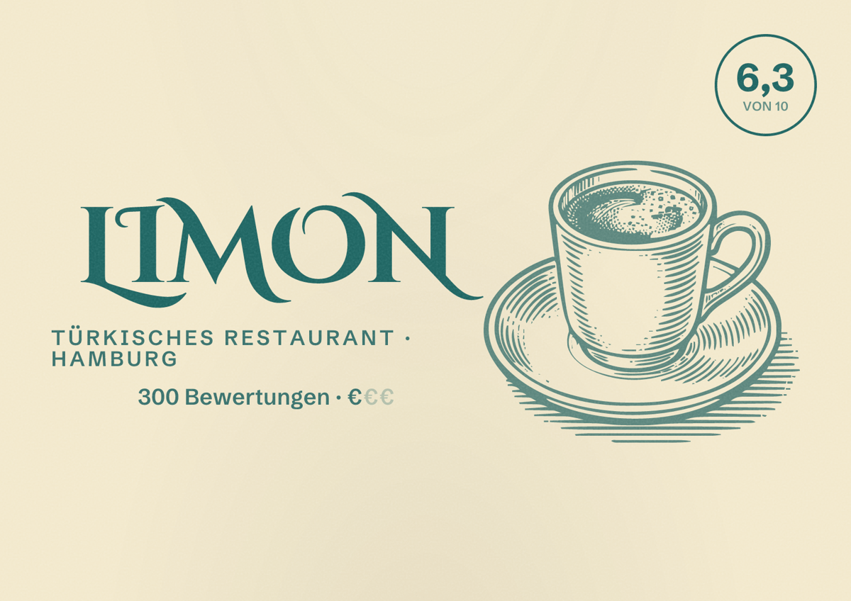 Illustriertes Poster von LIMON, Türkisches Restaurant in Hamburg: Bewertung 6,3 von 10 aus 300 Bewertungen, Preisniveau €