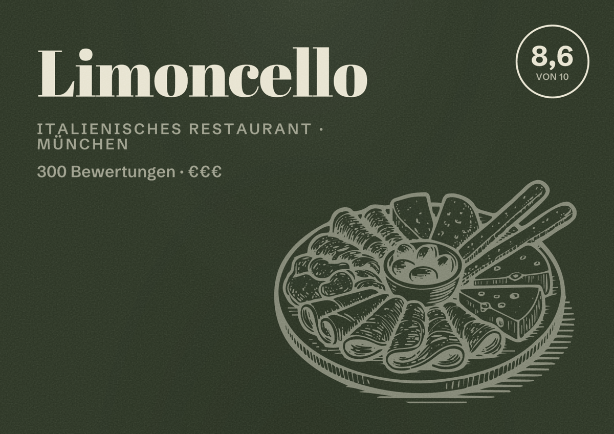 Illustriertes Poster von Limoncello, Italienisches Restaurant in München: Bewertung 8,6 von 10 aus 300 Bewertungen, Preisniveau €€€