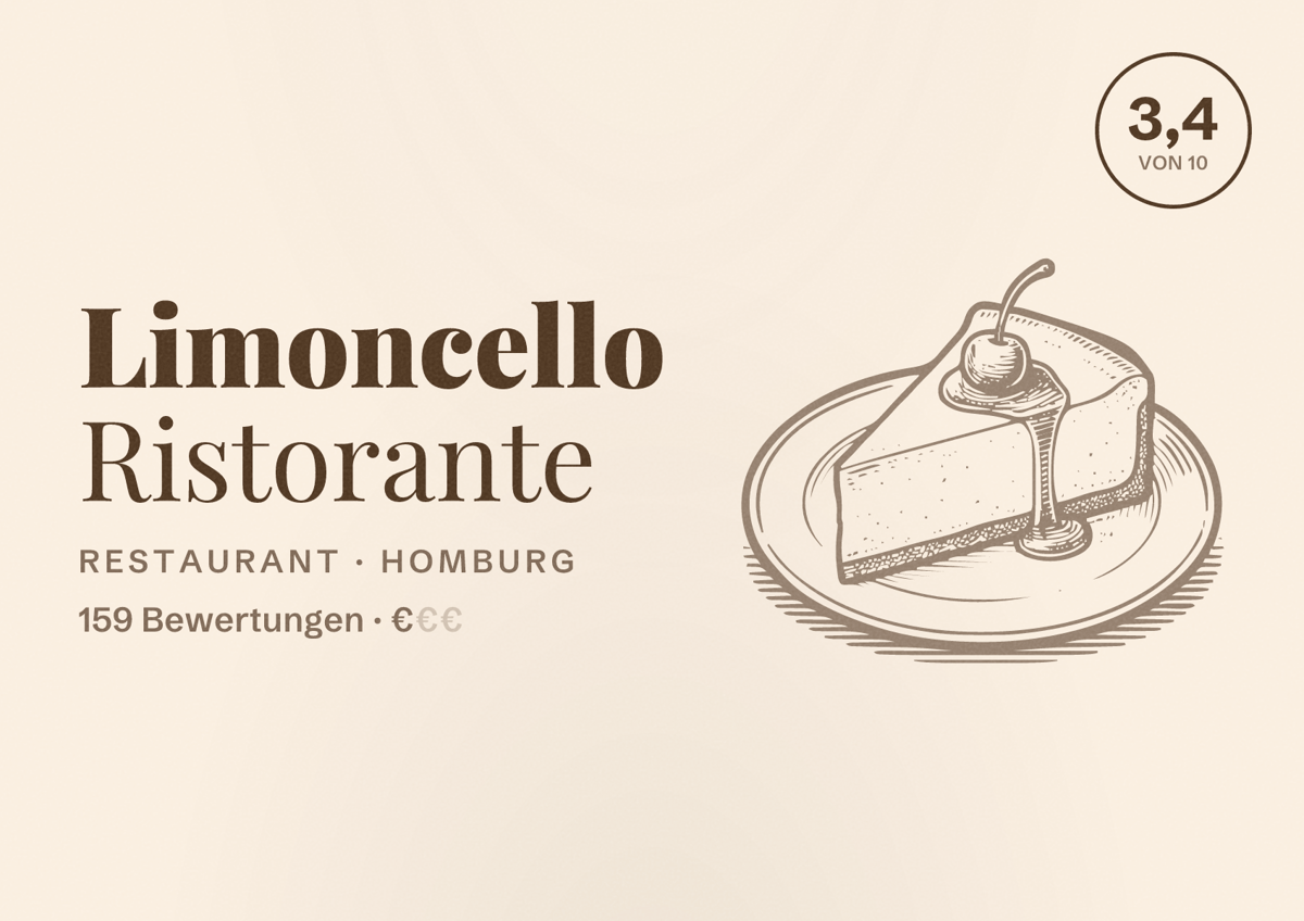 Illustriertes Poster von Limoncello Ristorante, Restaurant in Homburg: Bewertung 3,4 von 10 aus 159 Bewertungen, Preisniveau €