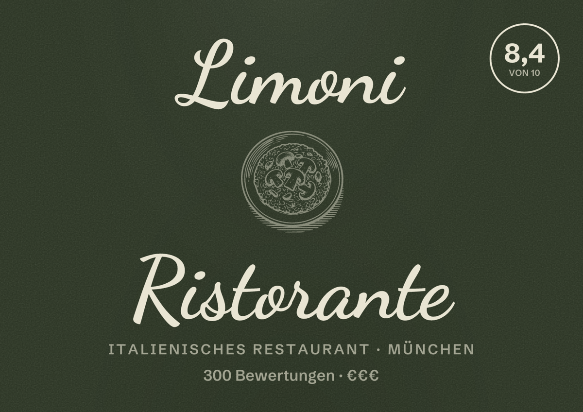 Illustriertes Poster von Limoni Ristorante, Italienisches Restaurant in München: Bewertung 8,4 von 10 aus 300 Bewertungen, Preisniveau €€€