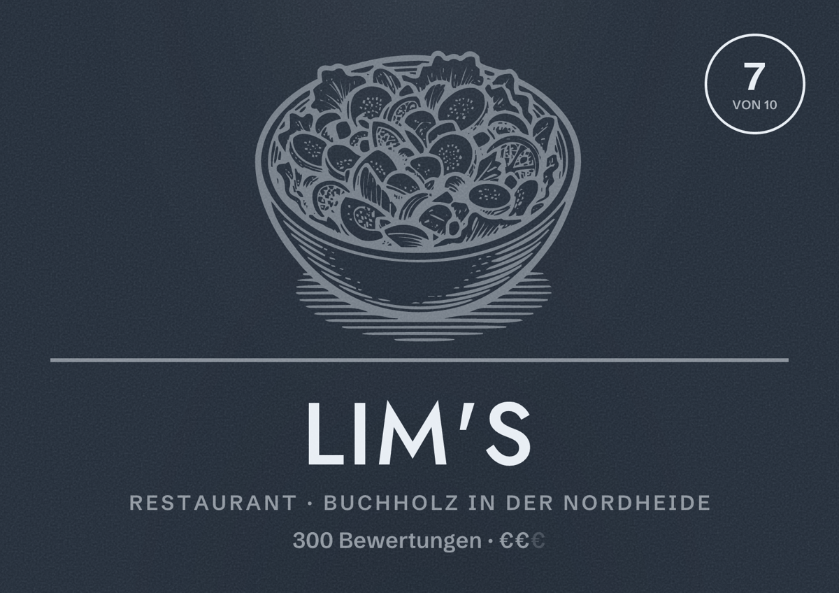 Illustriertes Poster von Lim's, Restaurant in Buchholz in der Nordheide: Bewertung 7 von 10 aus 300 Bewertungen, Preisniveau €€