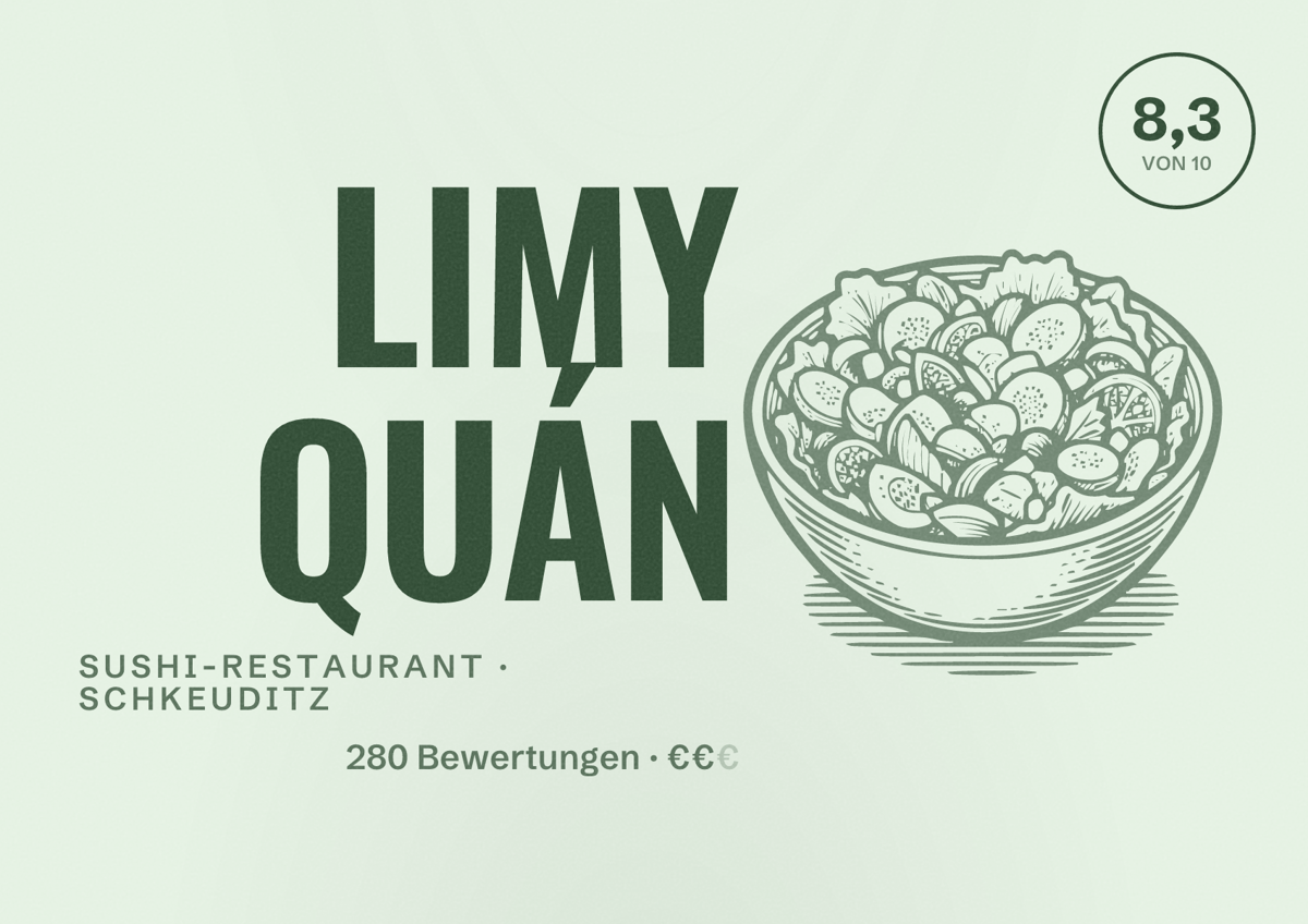 Illustriertes Poster von LIMY QUÁN, Sushi-Restaurant in Schkeuditz: Bewertung 8,3 von 10 aus 280 Bewertungen, Preisniveau €€