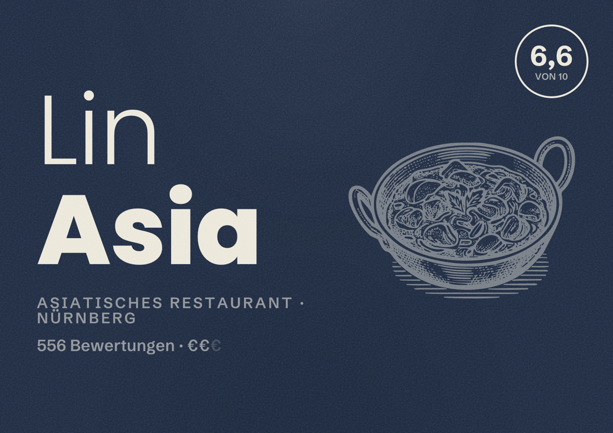 Illustriertes Poster von Lin Asia, Asiatisches Restaurant in Nürnberg: Bewertung 6,6 von 10 aus 556 Bewertungen, Preisniveau €€