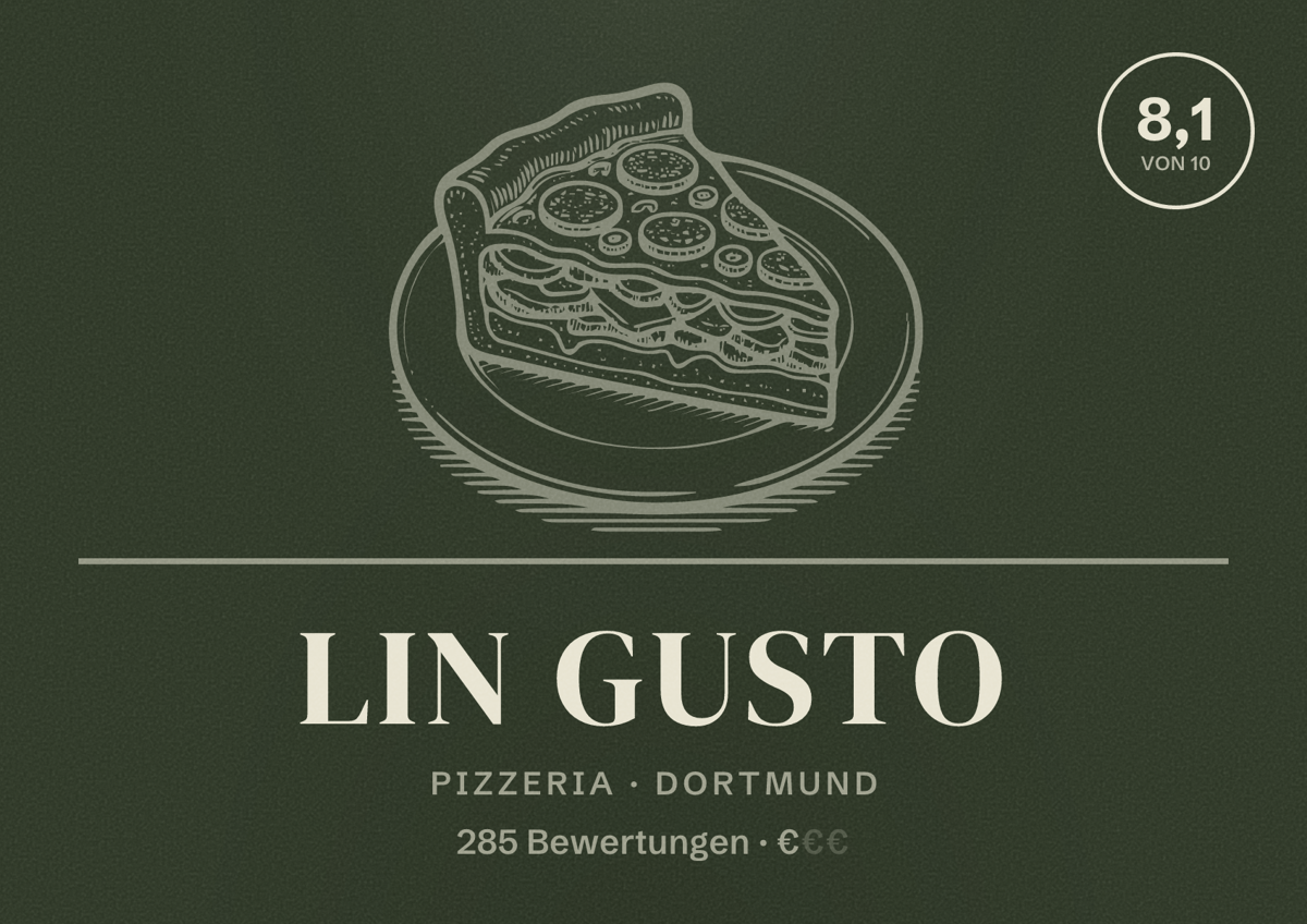 Illustriertes Poster von Lin Gusto, Pizzeria in Dortmund: Bewertung 8,1 von 10 aus 285 Bewertungen, Preisniveau €