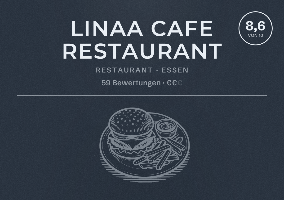 Illustriertes Poster von Linaa Cafe Restaurant, Restaurant in Essen: Bewertung 8,6 von 10 aus 59 Bewertungen, Preisniveau €€