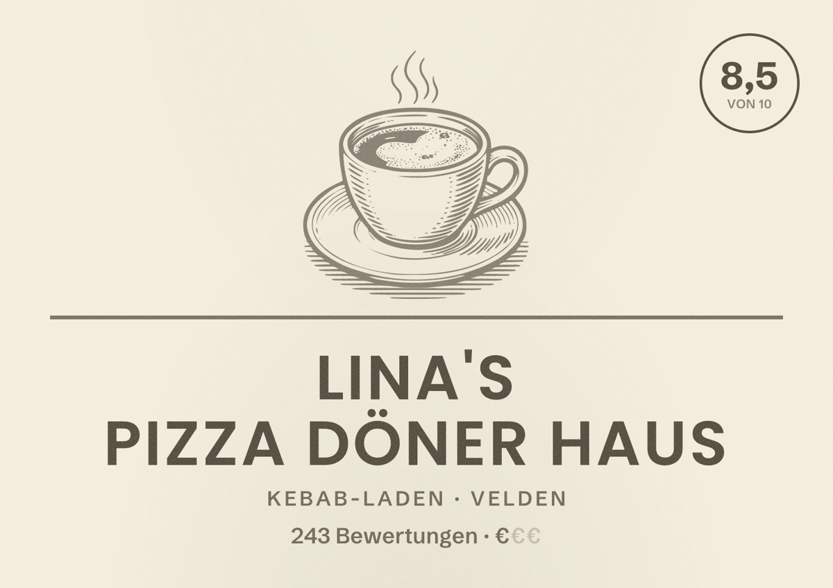 Illustriertes Poster von Lina's Pizza Döner Haus, Kebab-Laden in Velden: Bewertung 8,5 von 10 aus 243 Bewertungen, Preisniveau €