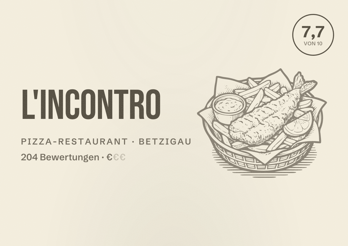 Illustriertes Poster von L'Incontro, Pizza-Restaurant in Betzigau: Bewertung 7,7 von 10 aus 204 Bewertungen, Preisniveau €