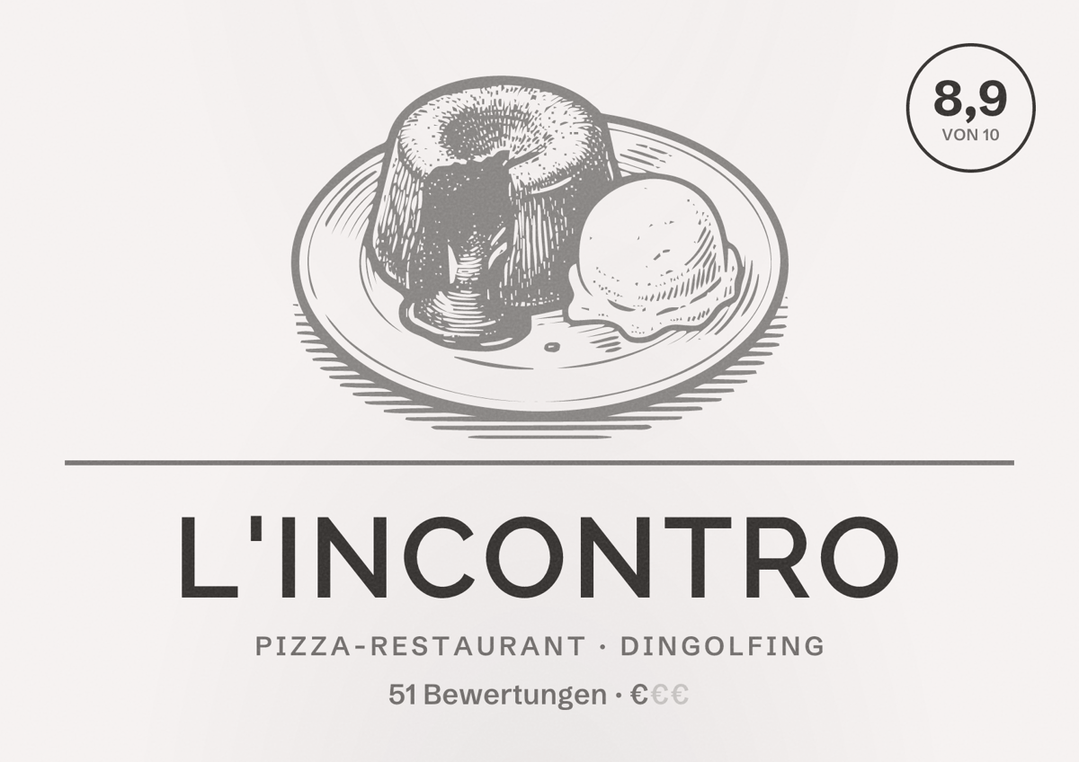 Illustriertes Poster von L'incontro, Pizza-Restaurant in Dingolfing: Bewertung 8,9 von 10 aus 51 Bewertungen, Preisniveau €
