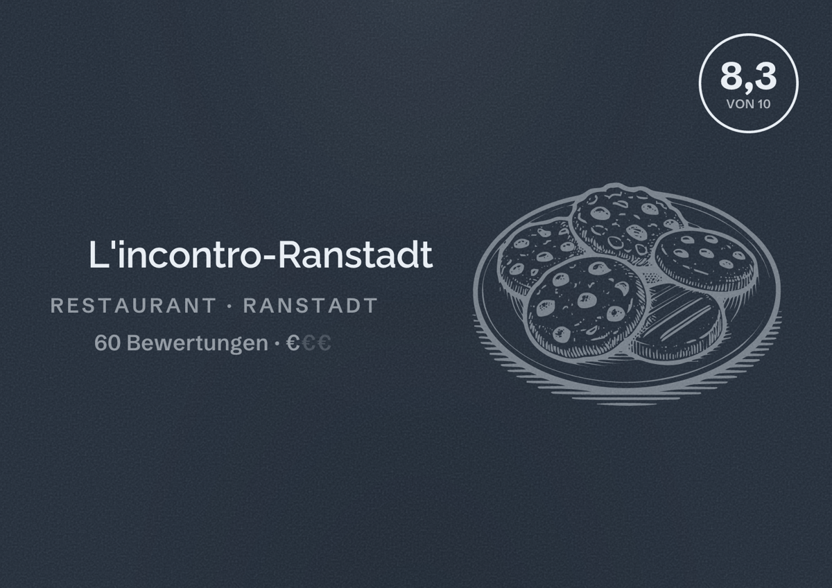 Illustriertes Poster von L'incontro-Ranstadt, Restaurant in Ranstadt: Bewertung 8,3 von 10 aus 60 Bewertungen, Preisniveau €