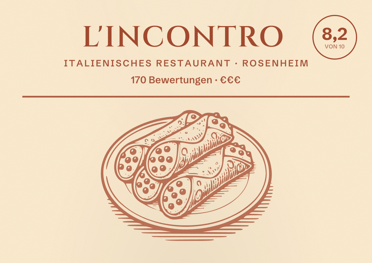 Illustriertes Poster von L'Incontro, Italienisches Restaurant in Rosenheim: Bewertung 8,2 von 10 aus 170 Bewertungen, Preisniveau €€€