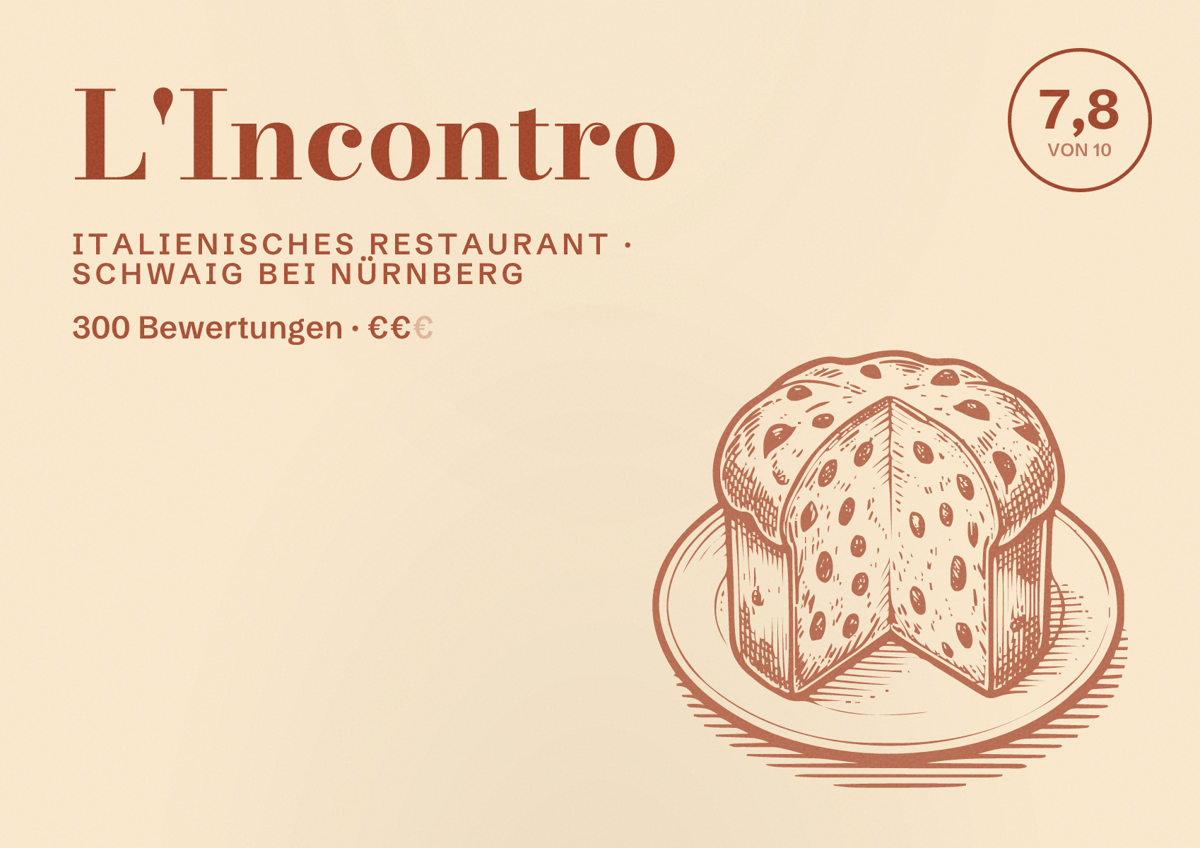 Illustriertes Poster von L'Incontro, Italienisches Restaurant in Schwaig bei Nürnberg: Bewertung 7,8 von 10 aus 300 Bewertungen, Preisniveau €€