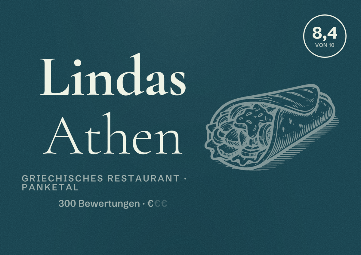 Illustriertes Poster von Lindas Athen, Griechisches Restaurant in Panketal: Bewertung 8,4 von 10 aus 300 Bewertungen, Preisniveau €