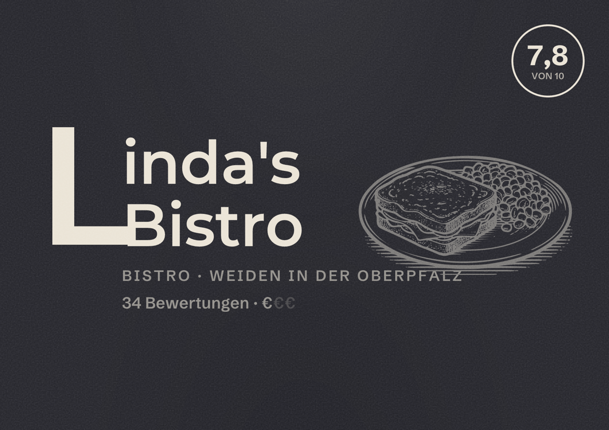 Illustriertes Poster von Linda's Bistro, Bistro in Weiden in der Oberpfalz: Bewertung 7,8 von 10 aus 34 Bewertungen, Preisniveau €