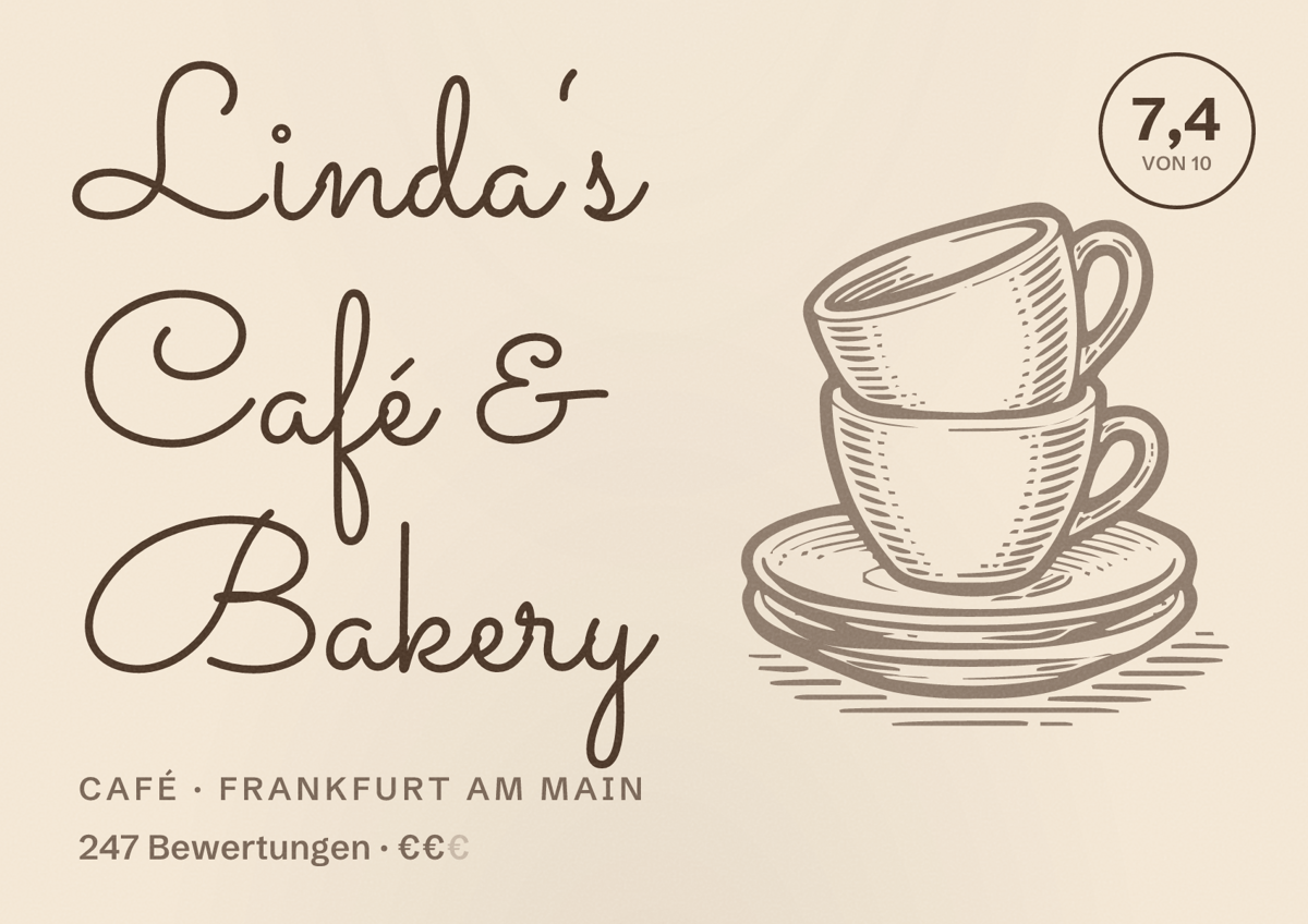 Illustriertes Poster von Linda‘s Café & Bakery, Café in Frankfurt am Main: Bewertung 7,4 von 10 aus 247 Bewertungen, Preisniveau €€