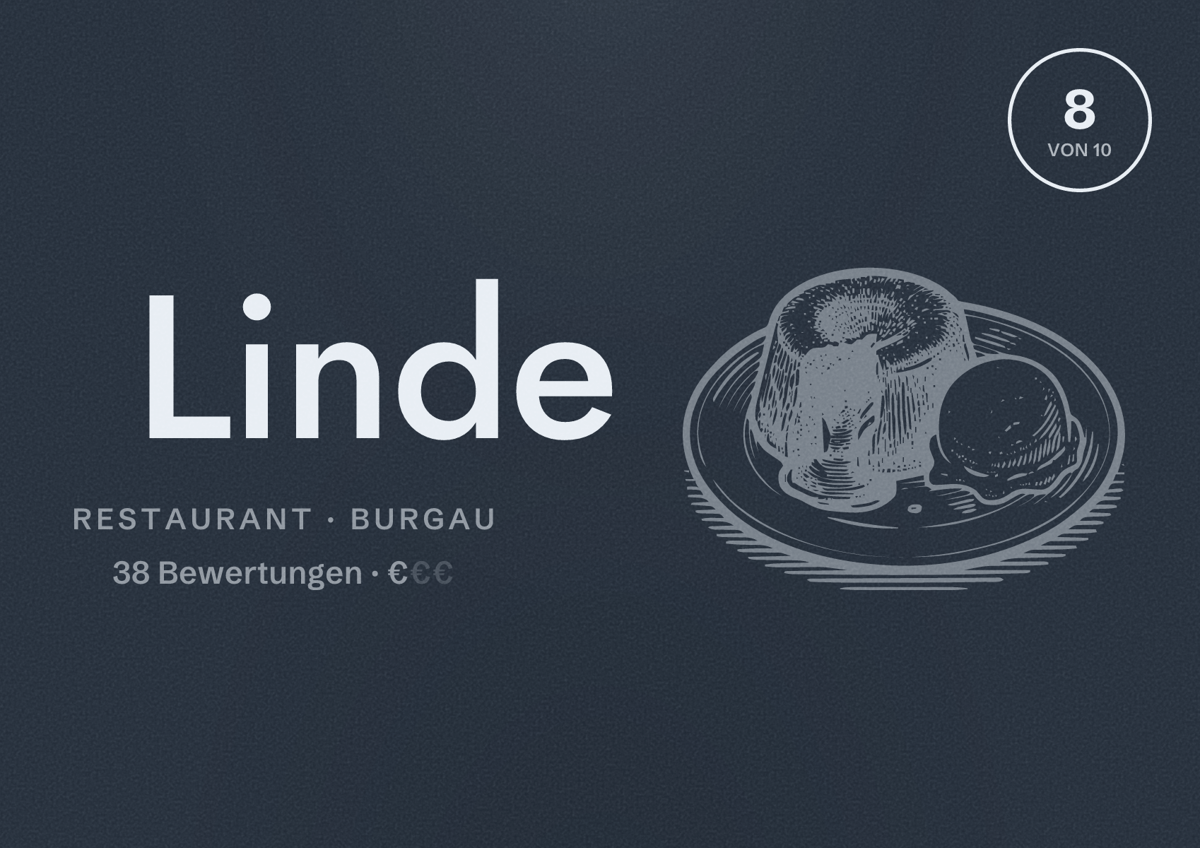 Illustriertes Poster von Linde, Restaurant in Burgau: Bewertung 8 von 10 aus 38 Bewertungen, Preisniveau €