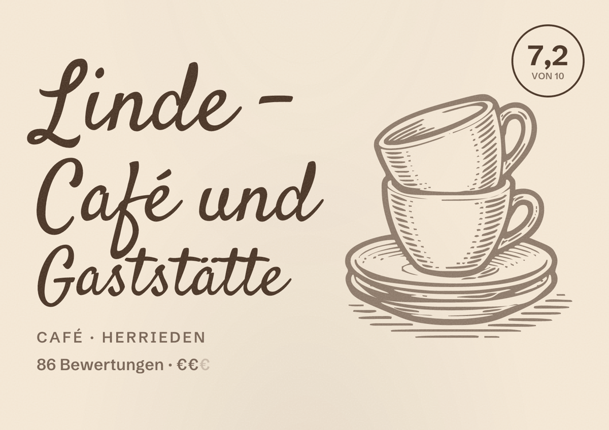 Illustriertes Poster von Linde - Café und Gaststätte, Café in Herrieden: Bewertung 7,2 von 10 aus 86 Bewertungen, Preisniveau €€