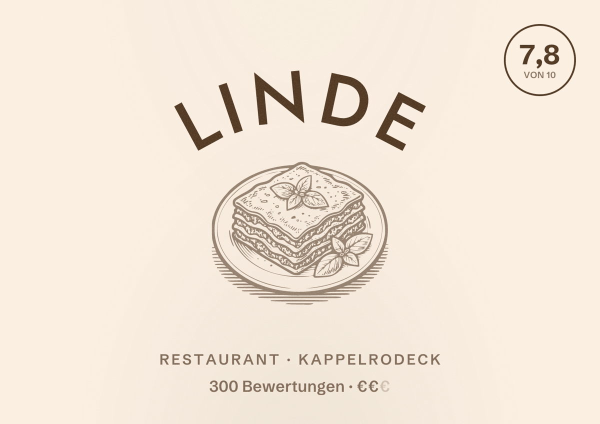 Illustriertes Poster von Linde, Restaurant in Kappelrodeck: Bewertung 7,8 von 10 aus 300 Bewertungen, Preisniveau €€