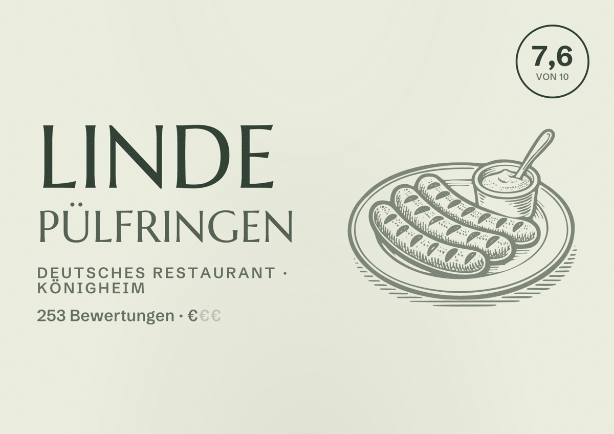 Illustriertes Poster von Linde Pülfringen, Deutsches Restaurant in Königheim: Bewertung 7,6 von 10 aus 253 Bewertungen, Preisniveau €