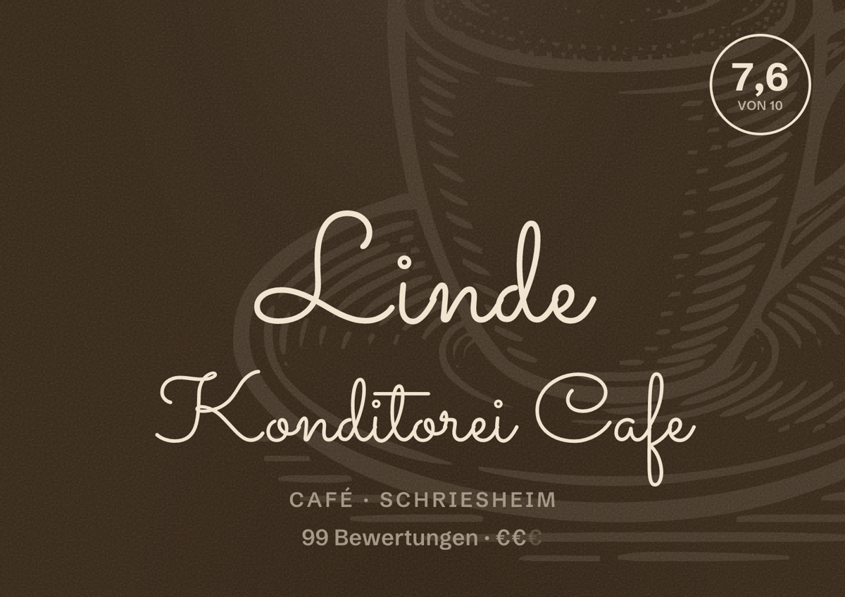 Illustriertes Poster von Linde Konditorei Cafe, Café in Schriesheim: Bewertung 7,6 von 10 aus 99 Bewertungen, Preisniveau €€