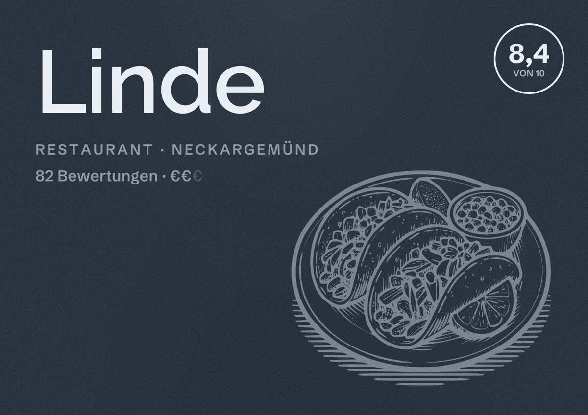 Illustriertes Poster von Linde, Restaurant in Neckargemünd: Bewertung 8,4 von 10 aus 82 Bewertungen, Preisniveau €€