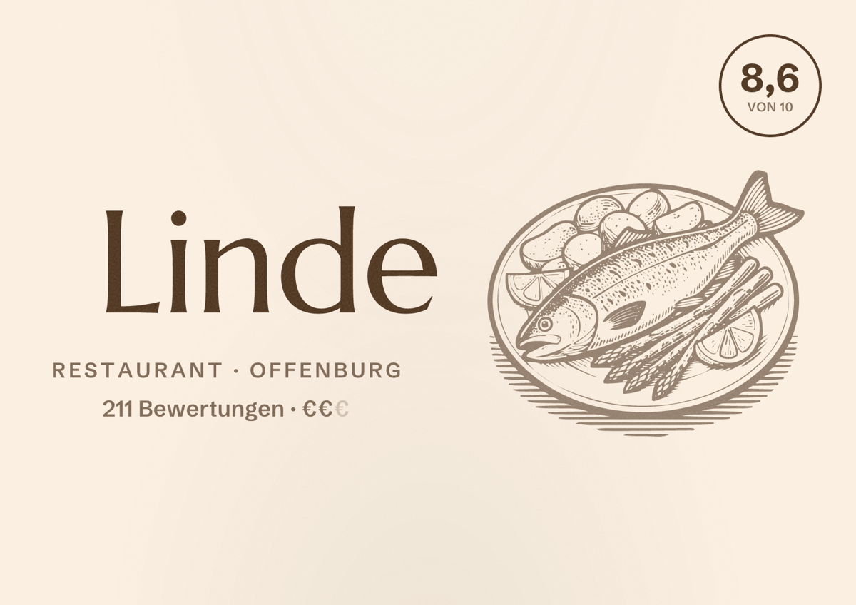 Illustriertes Poster von Linde, Restaurant in Offenburg: Bewertung 8,6 von 10 aus 211 Bewertungen, Preisniveau €€
