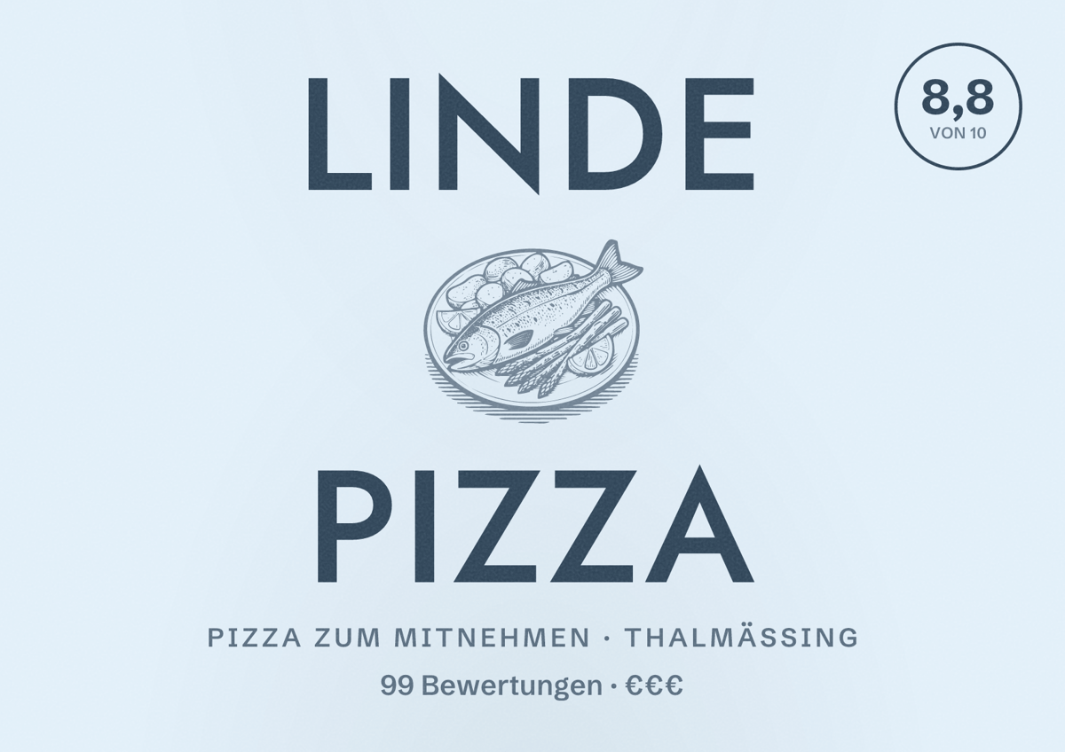 Illustriertes Poster von LINDE PIZZA, Pizza zum Mitnehmen in Thalmässing: Bewertung 8,8 von 10 aus 99 Bewertungen, Preisniveau €€€