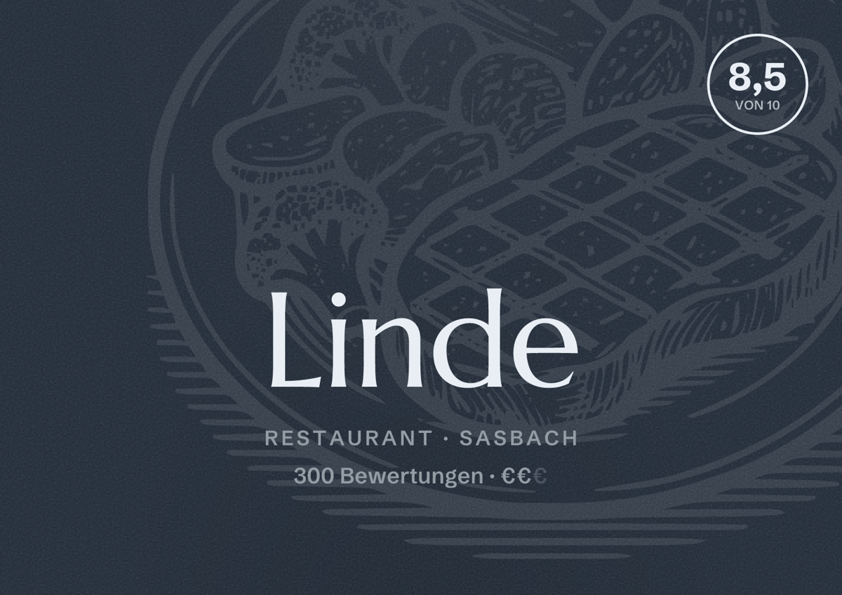 Illustriertes Poster von Linde, Restaurant in Sasbach: Bewertung 8,5 von 10 aus 300 Bewertungen, Preisniveau €€