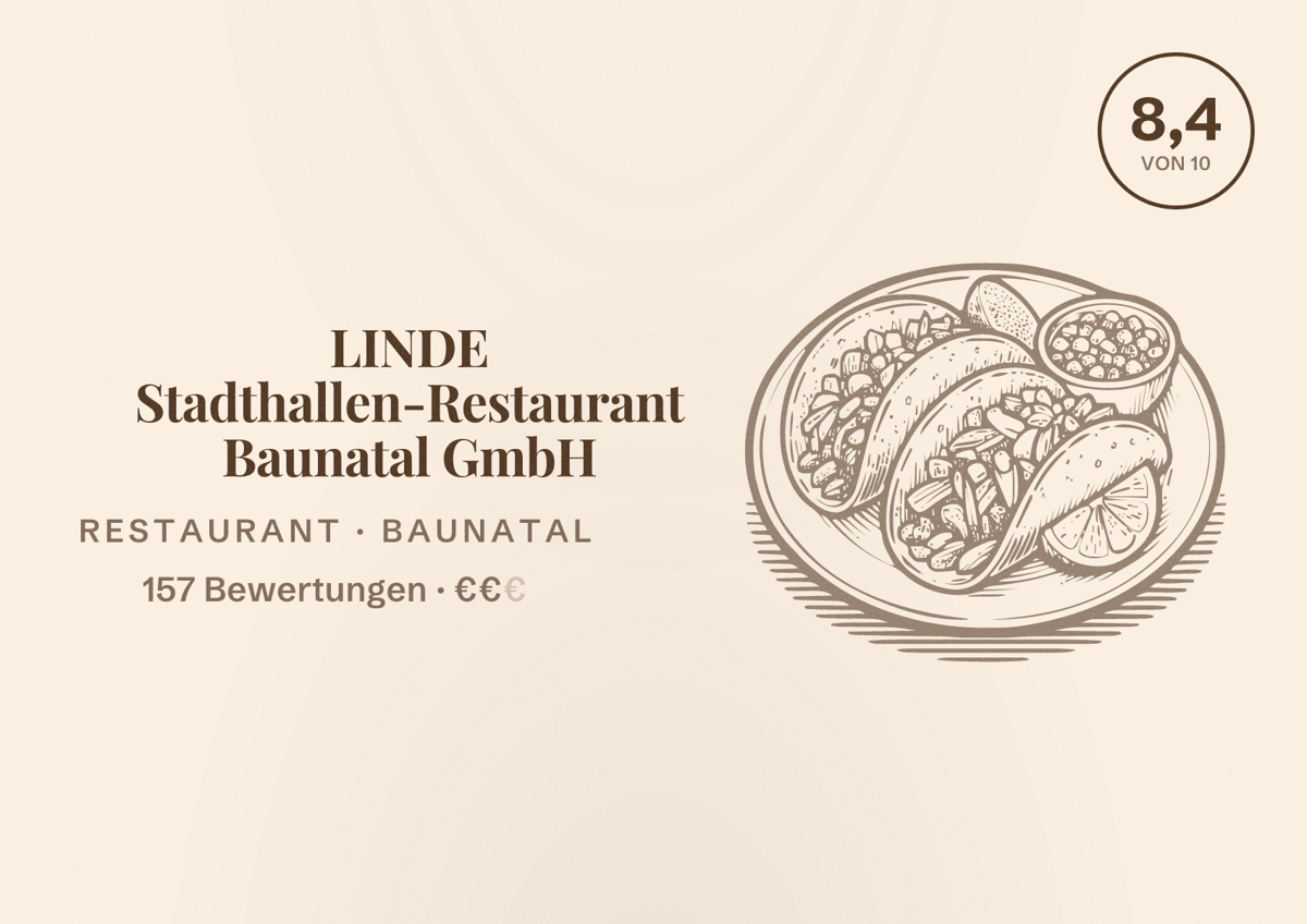 Illustriertes Poster von LINDE Stadthallen-Restaurant Baunatal GmbH, Restaurant in Baunatal: Bewertung 8,4 von 10 aus 157 Bewertungen, Preisniveau €€