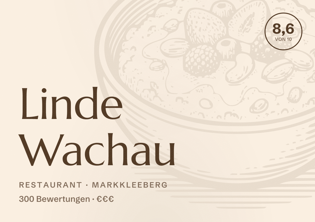 Illustriertes Poster von Linde Wachau, Restaurant in Markkleeberg: Bewertung 8,6 von 10 aus 300 Bewertungen, Preisniveau €€€