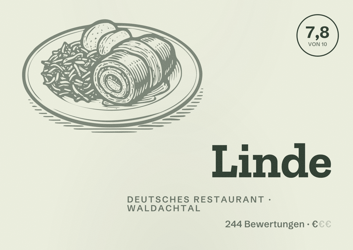 Illustriertes Poster von Linde, Deutsches Restaurant in Waldachtal: Bewertung 7,8 von 10 aus 244 Bewertungen, Preisniveau €