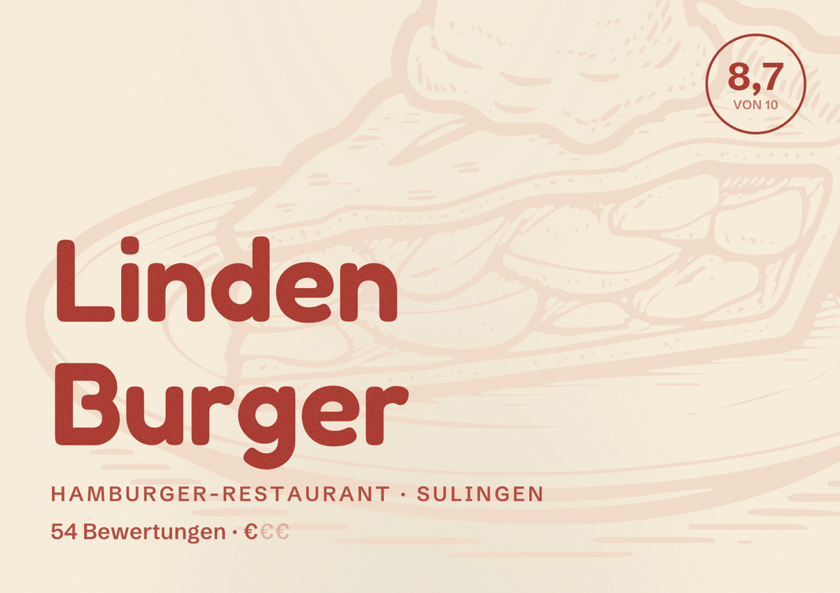 Illustriertes Poster von Linden Burger, Hamburger-Restaurant in Sulingen: Bewertung 8,7 von 10 aus 54 Bewertungen, Preisniveau €