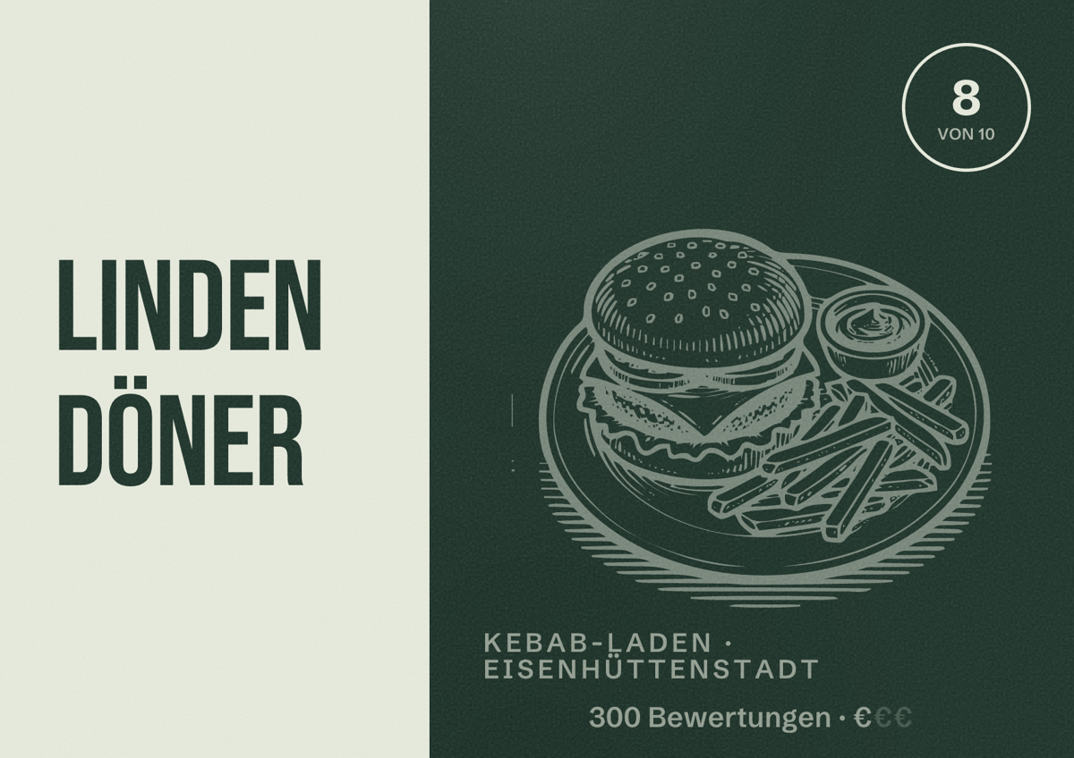 Illustriertes Poster von Linden Döner, Kebab-Laden in Eisenhüttenstadt: Bewertung 8 von 10 aus 300 Bewertungen, Preisniveau €