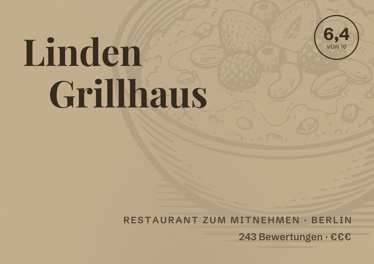 Illustriertes Poster von Linden Grillhaus, Restaurant zum Mitnehmen in Berlin: Bewertung 6,4 von 10 aus 243 Bewertungen, Preisniveau €€€