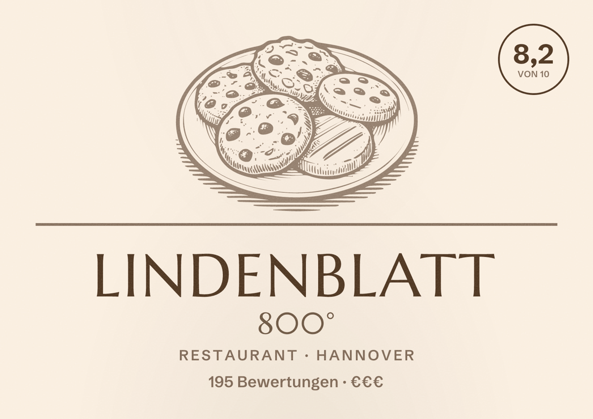Illustriertes Poster von Lindenblatt 800°, Restaurant in Hannover: Bewertung 8,2 von 10 aus 195 Bewertungen, Preisniveau €€€