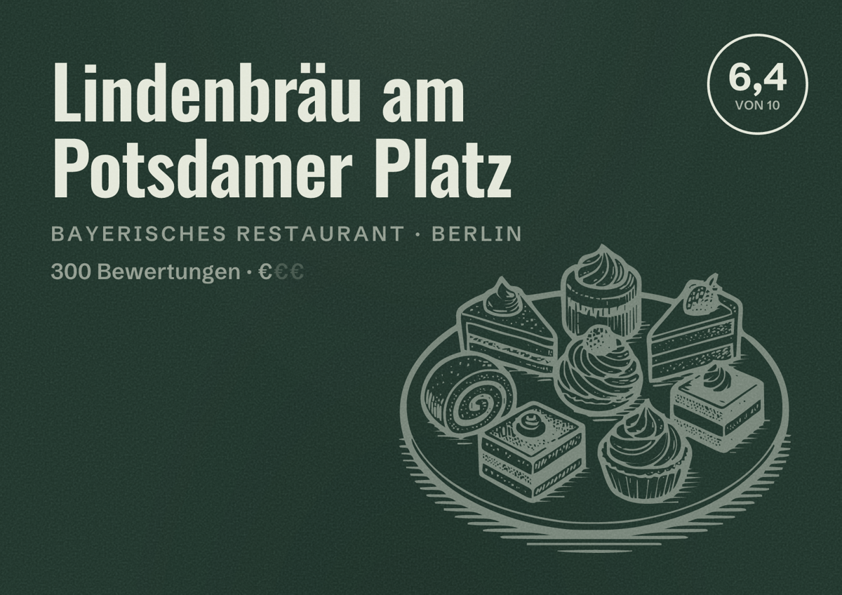 Illustriertes Poster von Lindenbräu am Potsdamer Platz, Bayerisches Restaurant in Berlin: Bewertung 6,4 von 10 aus 300 Bewertungen, Preisniveau €