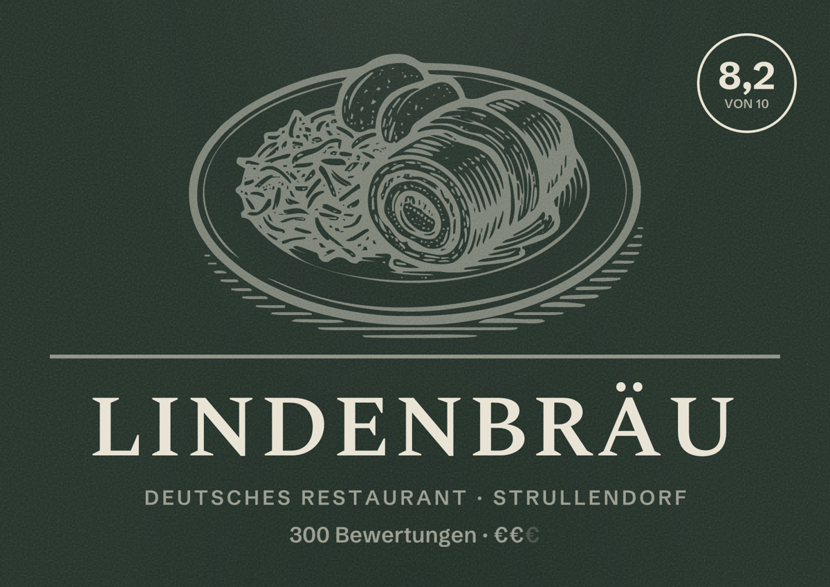 Illustriertes Poster von Lindenbräu, Deutsches Restaurant in Strullendorf: Bewertung 8,2 von 10 aus 300 Bewertungen, Preisniveau €€