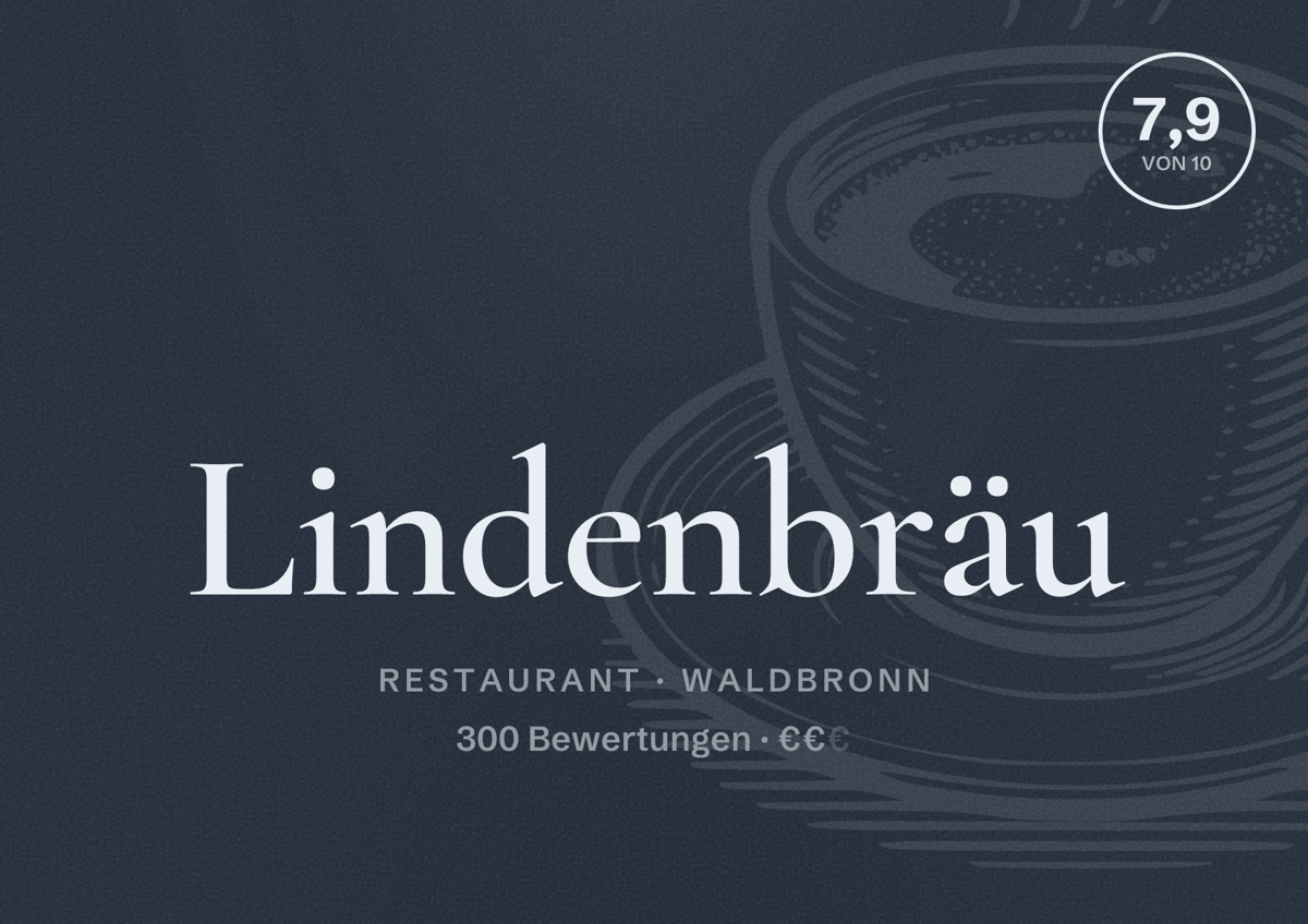 Illustriertes Poster von Lindenbräu, Restaurant in Waldbronn: Bewertung 7,9 von 10 aus 300 Bewertungen, Preisniveau €€