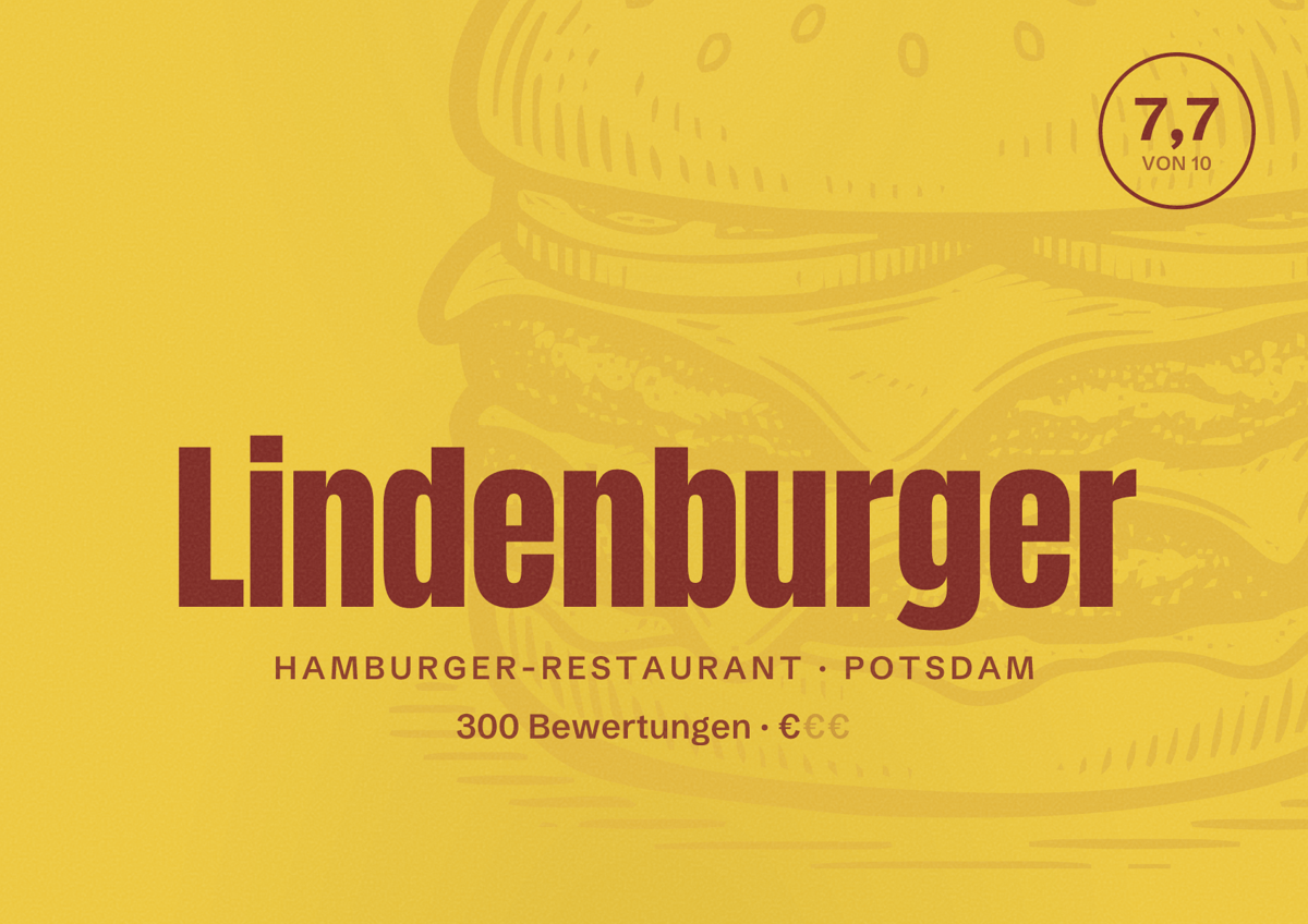 Illustriertes Poster von Lindenburger, Hamburger-Restaurant in Potsdam: Bewertung 7,7 von 10 aus 300 Bewertungen, Preisniveau €