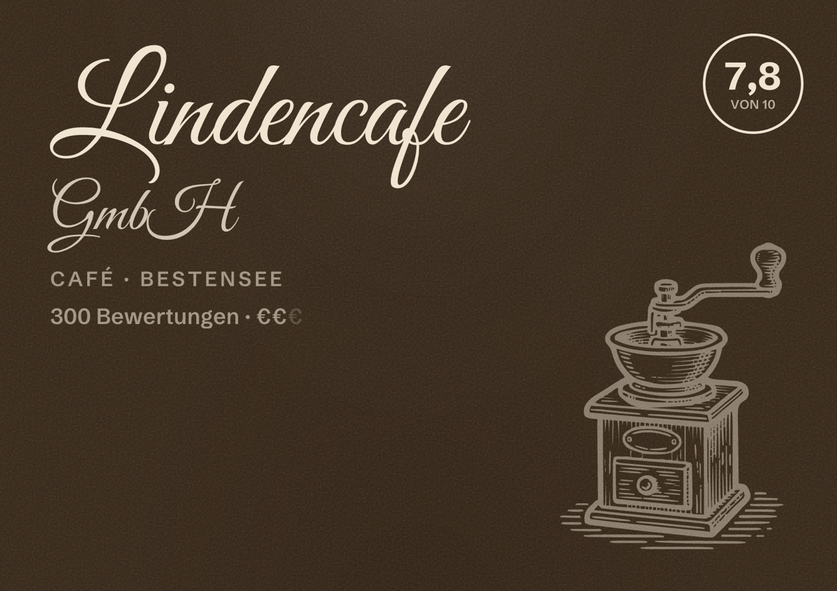 Illustriertes Poster von Lindencafe GmbH, Café in Bestensee: Bewertung 7,8 von 10 aus 300 Bewertungen, Preisniveau €€