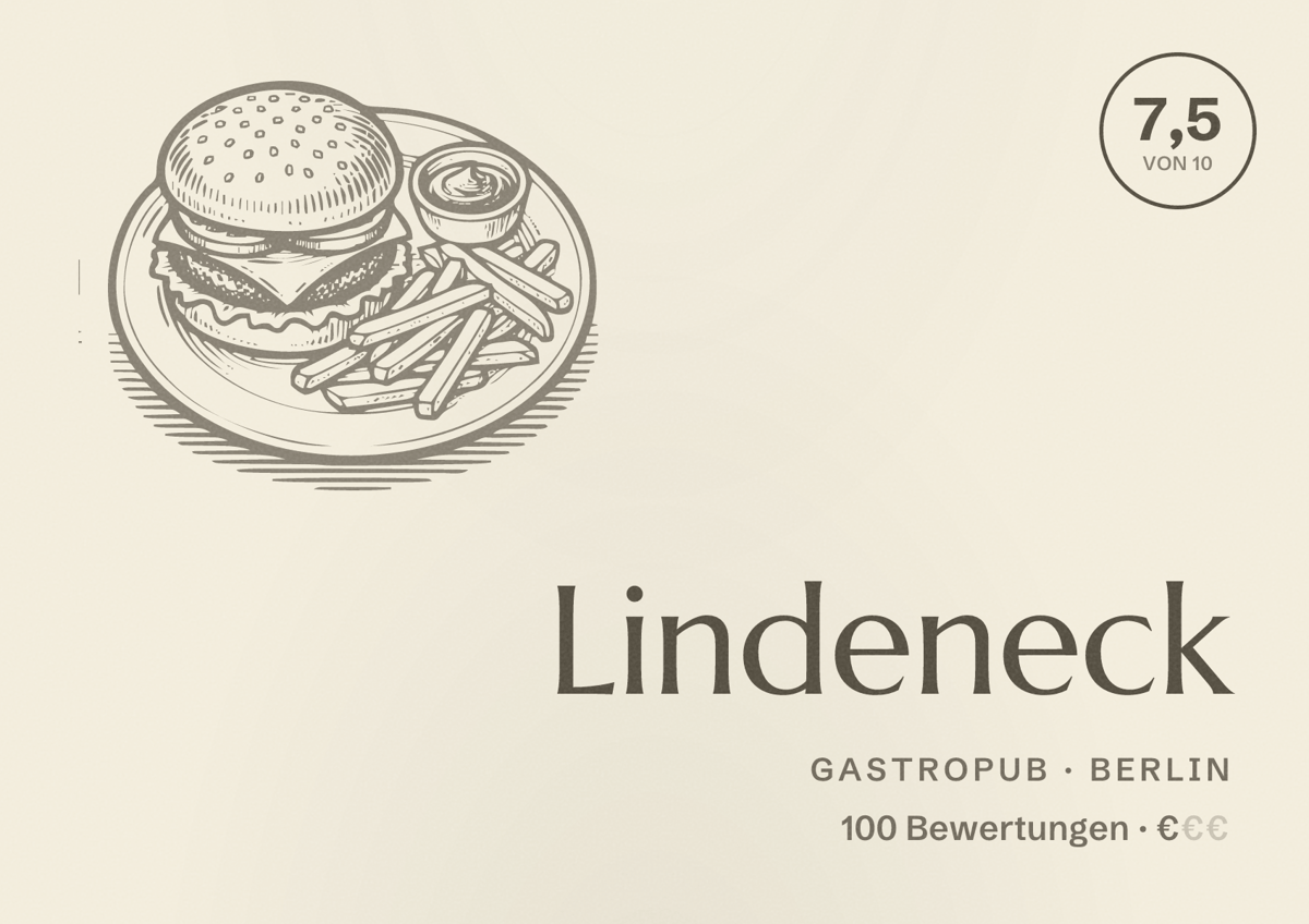 Illustriertes Poster von Lindeneck, Gastropub in Berlin: Bewertung 7,5 von 10 aus 100 Bewertungen, Preisniveau €