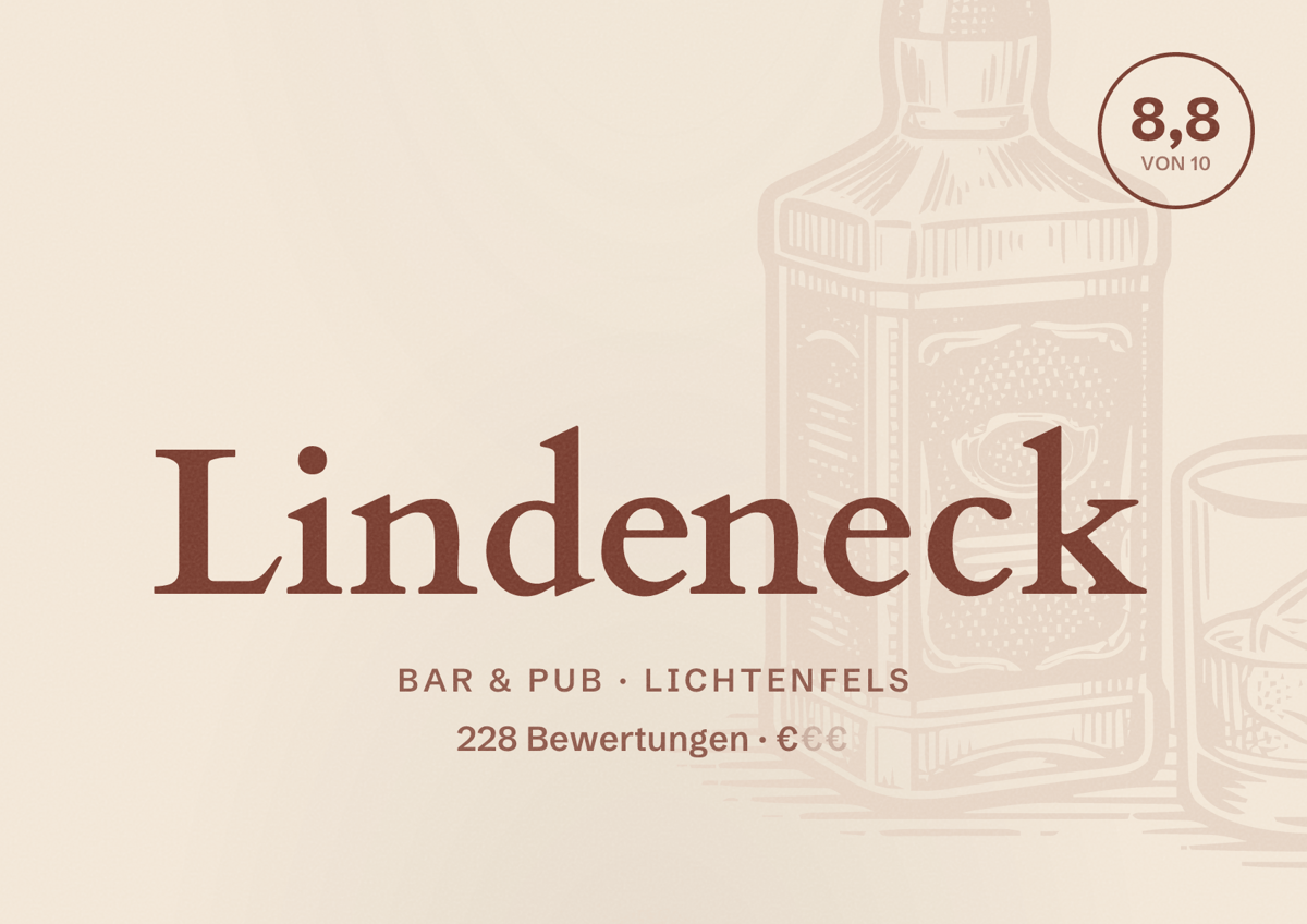 Illustriertes Poster von Lindeneck, Bar & Pub in Lichtenfels: Bewertung 8,8 von 10 aus 228 Bewertungen, Preisniveau €