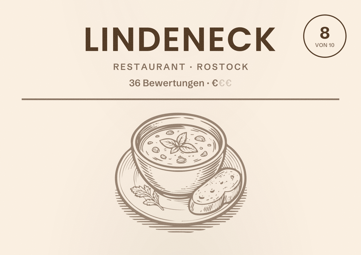 Illustriertes Poster von Lindeneck, Restaurant in Rostock: Bewertung 8 von 10 aus 36 Bewertungen, Preisniveau €
