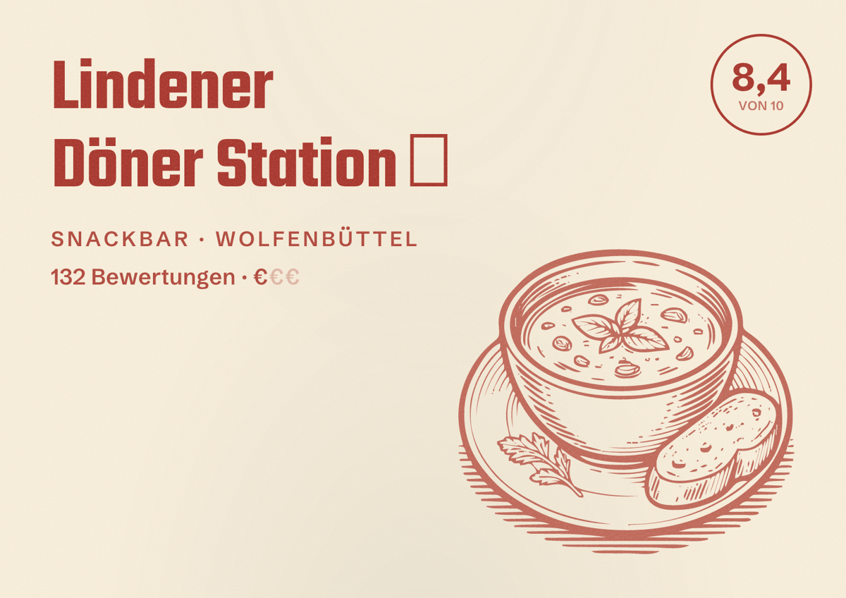 Illustriertes Poster von Lindener Döner Station 🥙, Snackbar in Wolfenbüttel: Bewertung 8,4 von 10 aus 132 Bewertungen, Preisniveau €